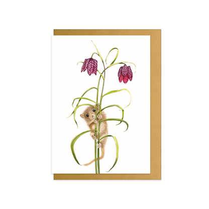 Grußkarte Haselmaus und Schachbrettblume