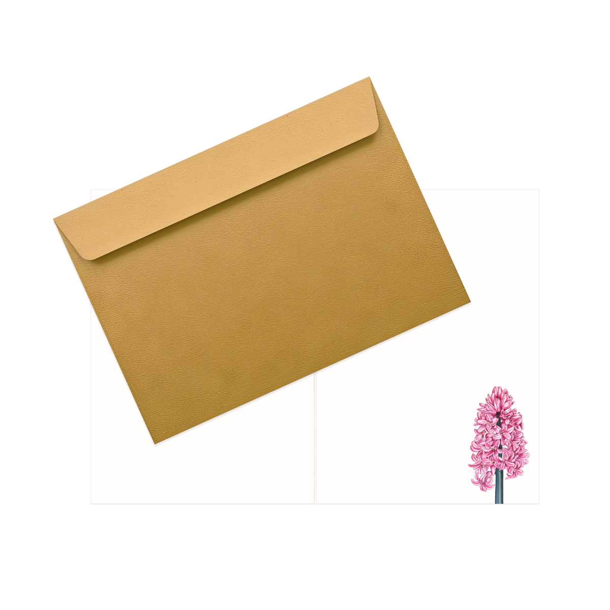 Grußkarte Haselmaus und Hyazinthe – Innenansicht mit Naturpapier und goldenem Umschlag