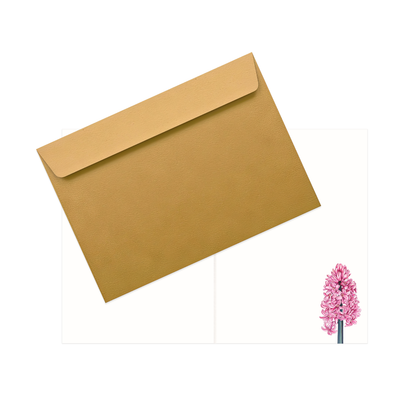 Grußkarte Haselmaus und Hyazinthe – Innenansicht mit Naturpapier und goldenem Umschlag