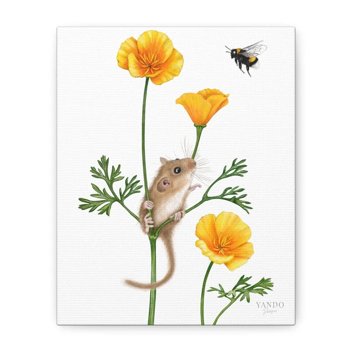 Leinwanddruck Haselmaus und Goldmohn – handgezeichnetes Naturmotiv auf Leinwand