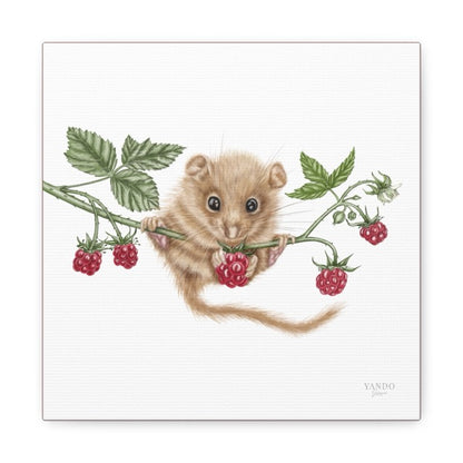 Detaillierter Leinwanddruck eines kleinen Haselmaus-Babys auf einem grünen Himbeerzweig mit roten Himbeeren, Naturmotiv auf. - Leinwanddruck - Haselmaus und Himbeere II - YANDO Designs