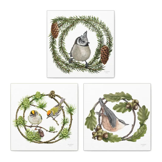 Heimische Waldvögel – Leinwand-Sammlung, Haubenmeise, Sommergoldhähnchen und Kleiber