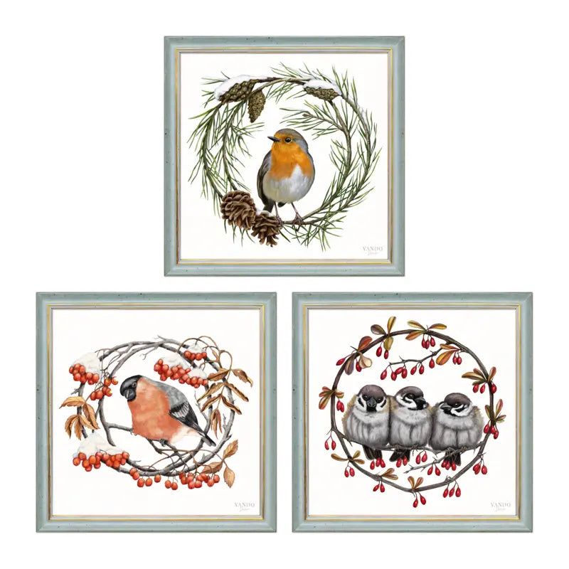 Heimische Wintervögel Wandbild-Sammlung in Blau-Gold Holzrahmen, drei Motive