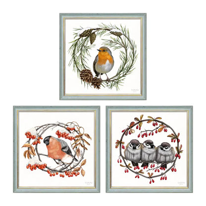 Heimische Wintervögel Wandbild-Sammlung in Blau-Gold Holzrahmen, drei Motive