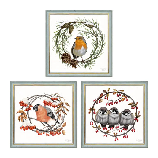 Heimische Wintervögel Wandbild-Sammlung in Blau-Gold Holzrahmen, drei Motive