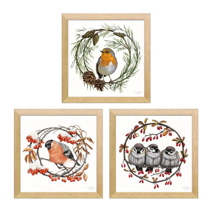 Heimische Wintervögel Wandbild-Sammlung in Naturholz Dunkel Holzrahmen, drei Motive