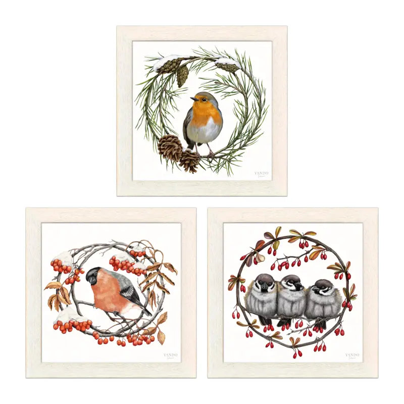 Heimische Wintervögel Wandbild-Sammlung in Naturholz Hell Holzrahmen, drei Motive