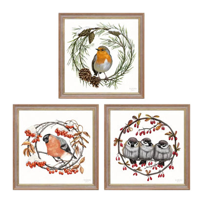 Heimische Wintervögel Wandbild-Sammlung in Nussbraun-Gold Holzrahmen, drei Motive