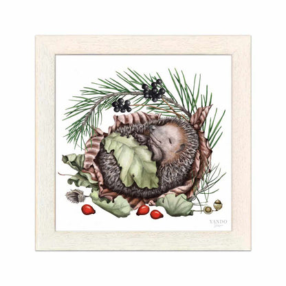 Schlafender Igel im hellen Naturholz-Rahmen — gerahmt und aufhängbereit