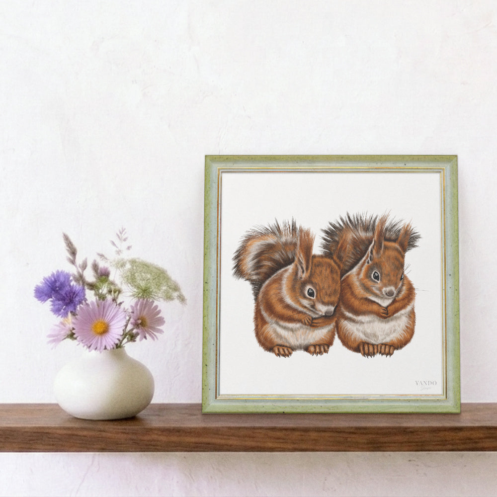 Eichhörnchen Paar - Kunstdruck mit Holzrahmen