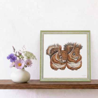 Eichhörnchen Paar - Kunstdruck mit Holzrahmen