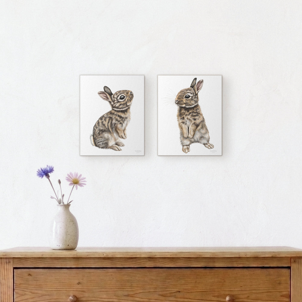 Kaninchen Leinwand-Sammlung – zwei Leinwandbilder an der Wand über einer Kommode mit Vase