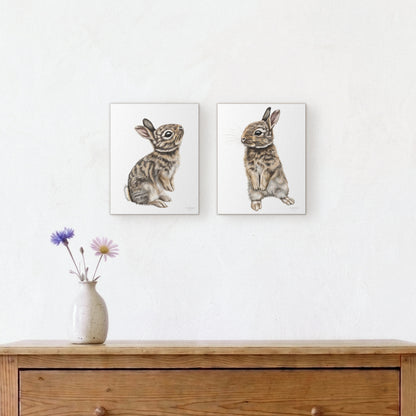 Kaninchen Leinwand-Sammlung – zwei Leinwandbilder an der Wand über einer Kommode mit Vase