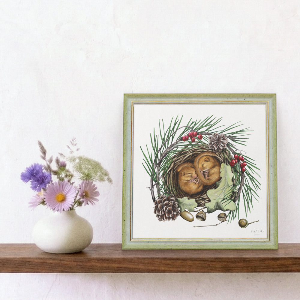 Schlafende Haselmäuse - Kunstdruck mit Holzrahmen