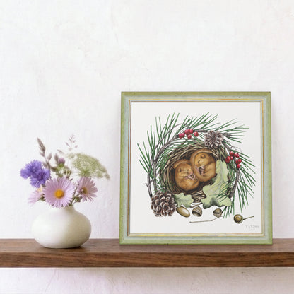Schlafende Haselmäuse - Kunstdruck mit Holzrahmen