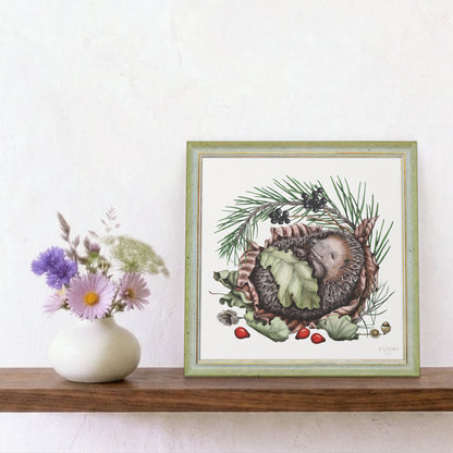 Schlafender Igel - Kunstdruck mit Holzrahmen