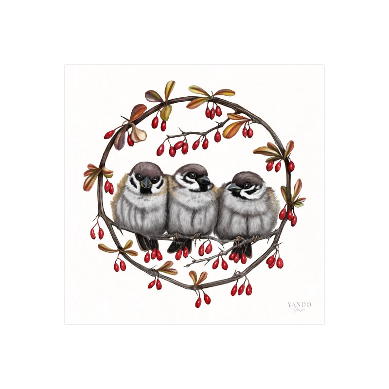 Handgemalter Kunstdruck Feldsperlinge und Berberitze auf Hahnemühle Fine-Art-Papier, 20×20 cm