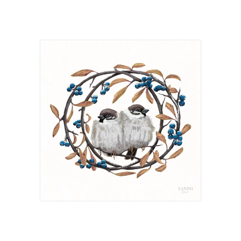 Handgemalter Kunstdruck Feldsperlinge und Schlehdorn auf Hahnemühle Fine-Art-Papier, 20×20 cm