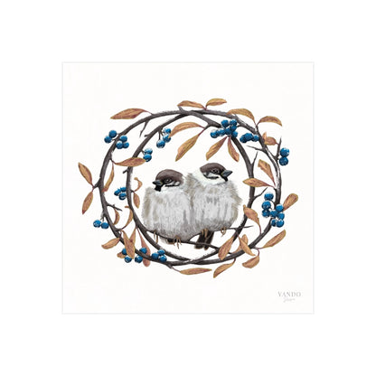 Handgemalter Kunstdruck Feldsperlinge und Schlehdorn auf Hahnemühle Fine-Art-Papier, 20×20 cm