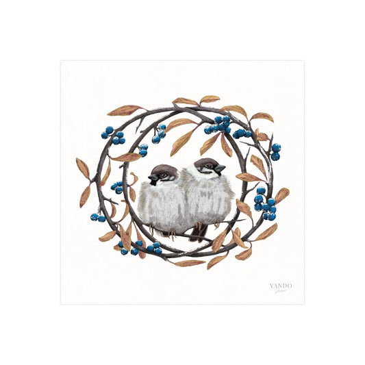 Handgemalter Kunstdruck Feldsperlinge und Schlehdorn auf Hahnemühle Fine-Art-Papier, 20×20 cm