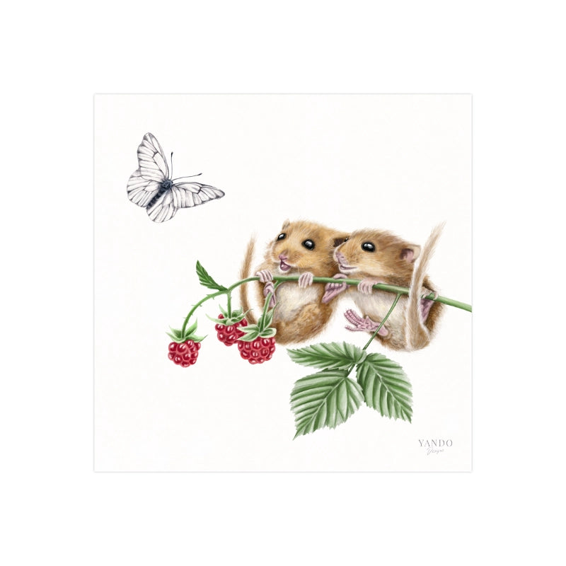 Handgemalter Kunstdruck Haselmäuse und Himbeere auf Hahnemühle Fine-Art-Papier, 20×20 cm