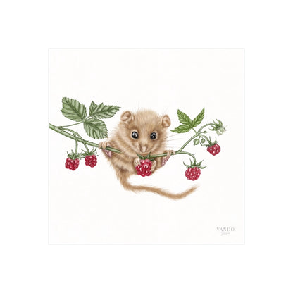Handgemalter Kunstdruck Haselmaus und Himbeere II auf Hahnemühle Fine-Art-Papier, 20×20 cm