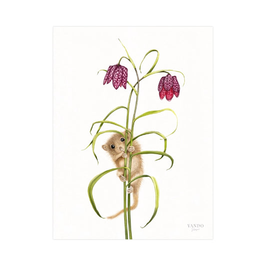 Handgemalter Kunstdruck Haselmaus und Schachbrettblume auf Hahnemühle Fine-Art-Papier, 18×24 cm