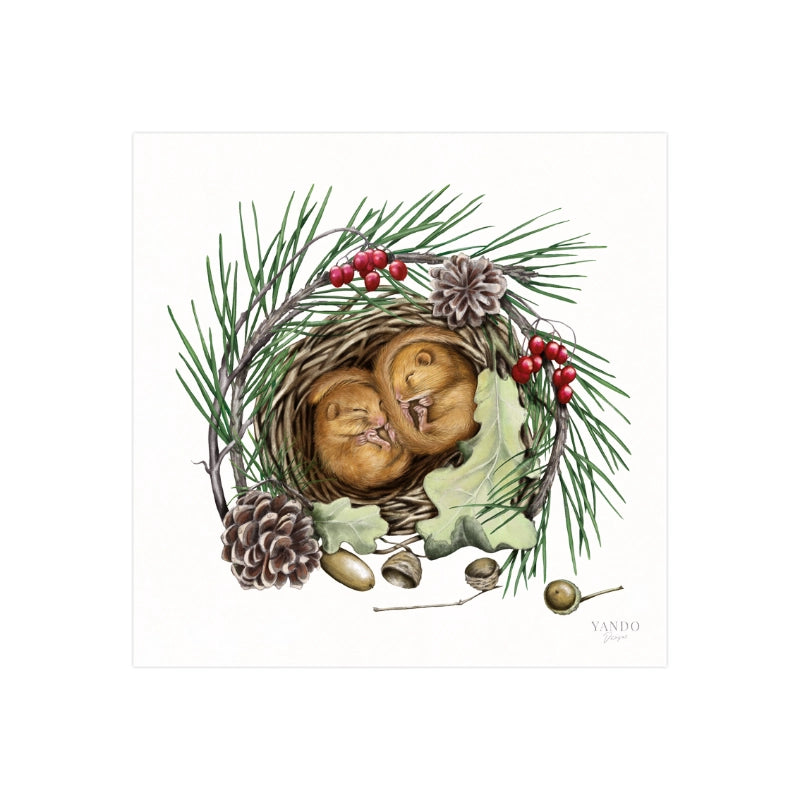 Handgemalter Kunstdruck Schlafende Haselmäuse auf Hahnemühle Fine-Art-Papier, 20×20 cm
