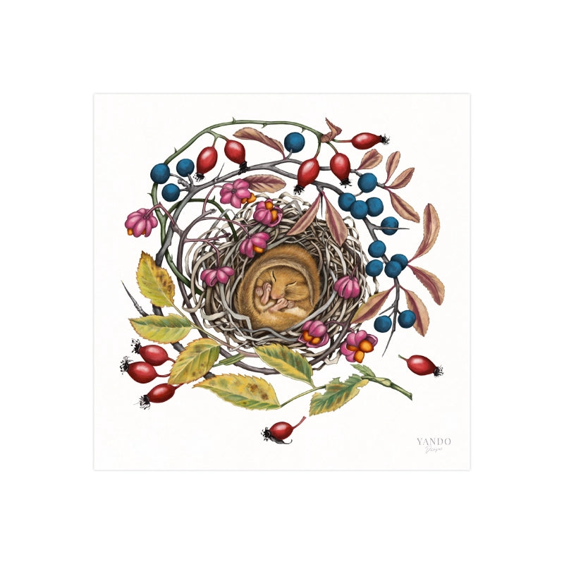 Handgemalter Kunstdruck Schlafende Haselmaus auf Hahnemühle Fine-Art-Papier, 20×20 cm