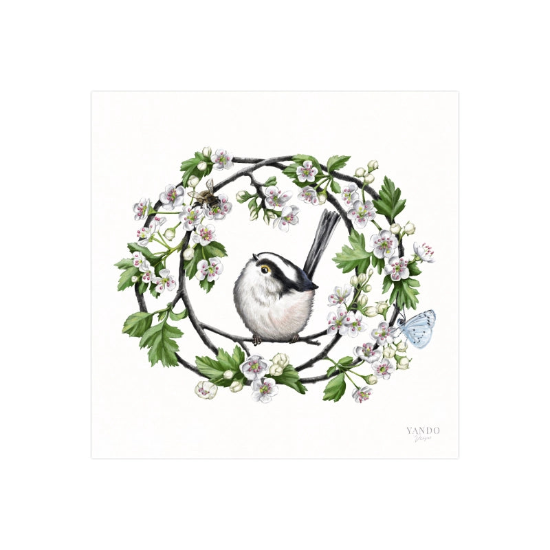 Handgemalter Kunstdruck Schwanzmeise und Weißdorn auf Hahnemühle Fine-Art-Papier, 20×20 cm