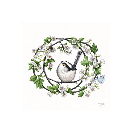Handgemalter Kunstdruck Schwanzmeise und Weißdorn auf Hahnemühle Fine-Art-Papier, 20×20 cm