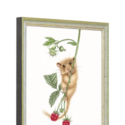 Kunstdruck Haselmaus und Himbeere mit Holzrahmen – Grün-Gold, Schrägansicht