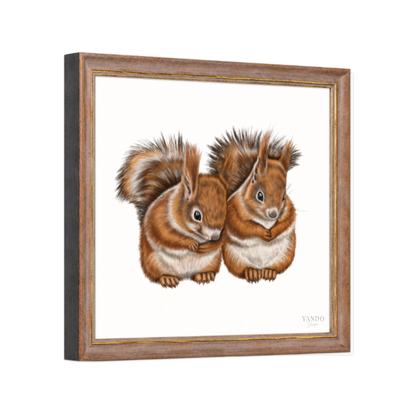 Kunstdruck Eichhörnchen Paar mit Holzrahmen – Nussbraun-Gold, Schrägansicht