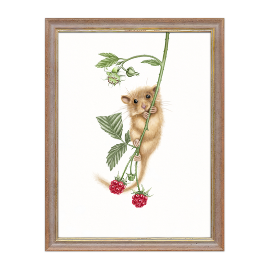 Kunstdruck Haselmaus und Himbeere mit Holzrahmen – Nussbraun-Gold