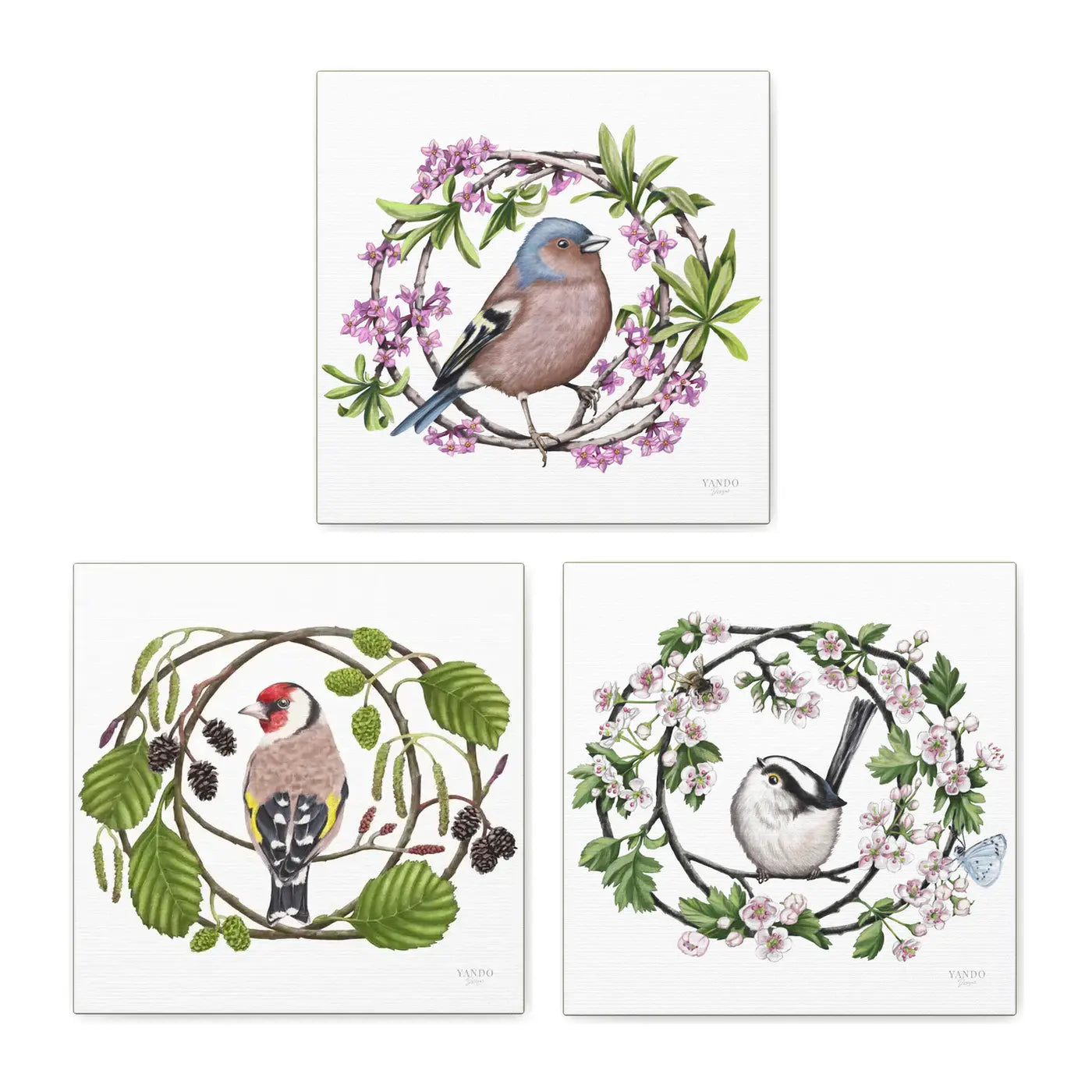 Heimische Gartenvögel – Leinwand-Sammlung, Buchfink, Stieglitz und Schwanzmeise