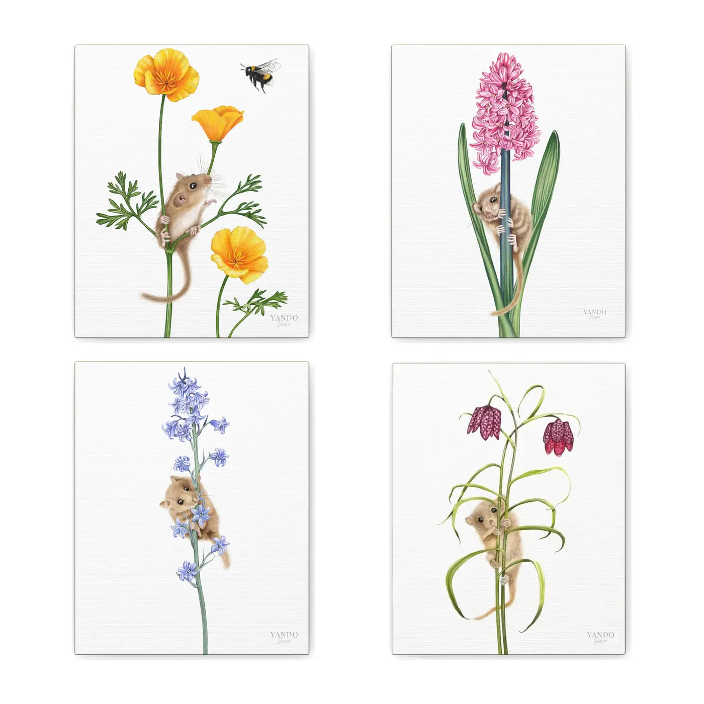 Haselmäuse und Blumen – Leinwand-Sammlung, vier Motive auf Canvas