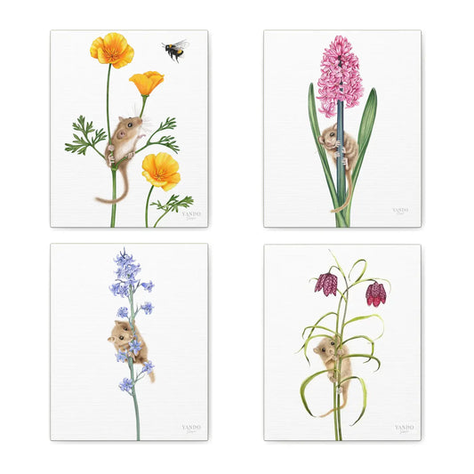 Haselmäuse und Blumen – Leinwand-Sammlung, vier Motive auf Canvas