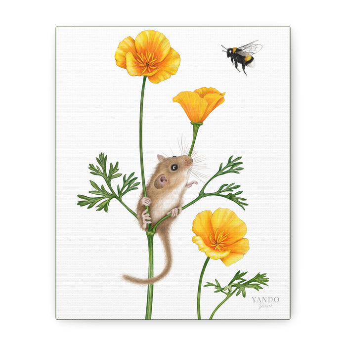 Leinwanddruck Haselmaus und Goldmohn – handgezeichnetes Naturmotiv auf Leinwand