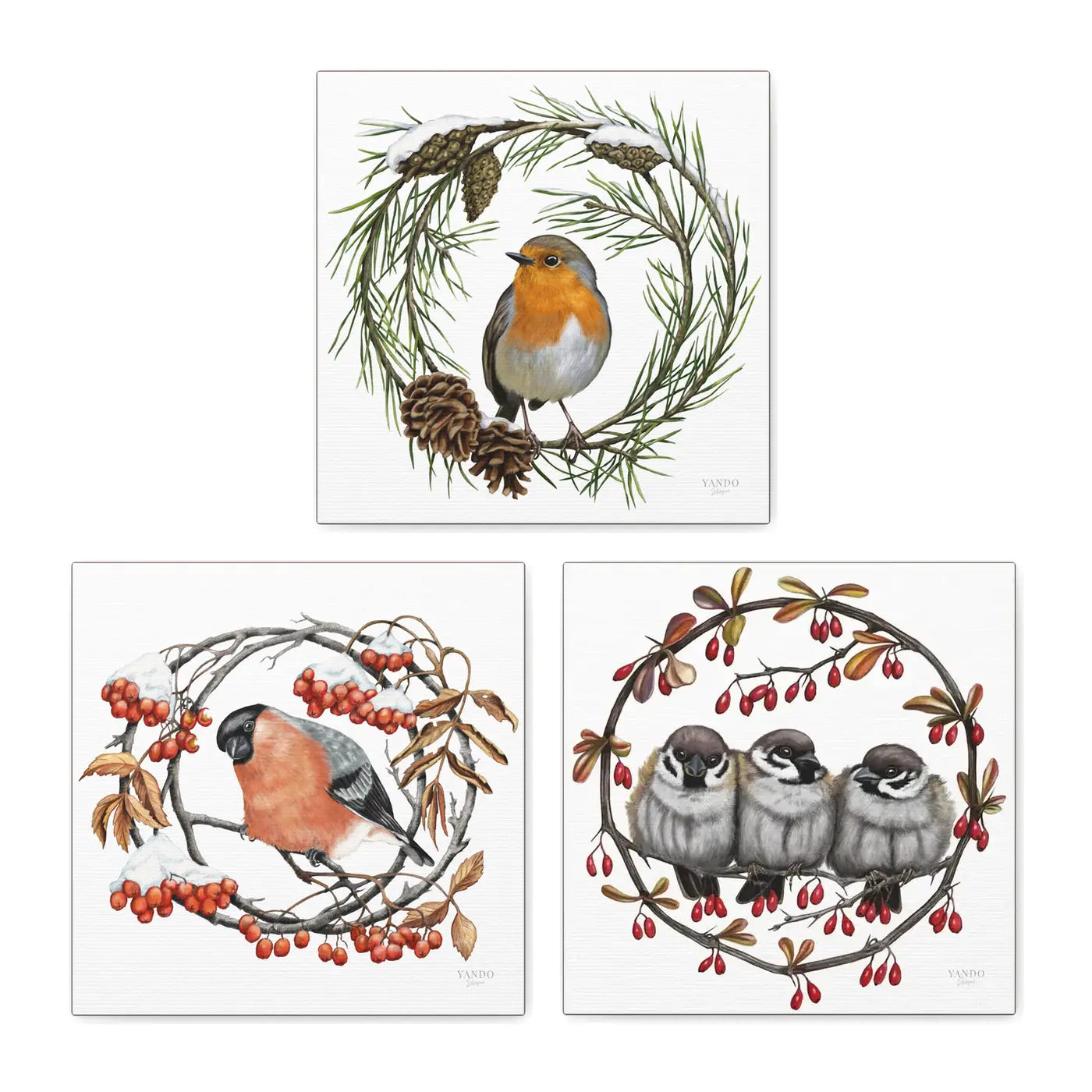 Heimische Wintervögel – Leinwand-Sammlung, Rotkehlchen, Gimpel und Feldsperlinge