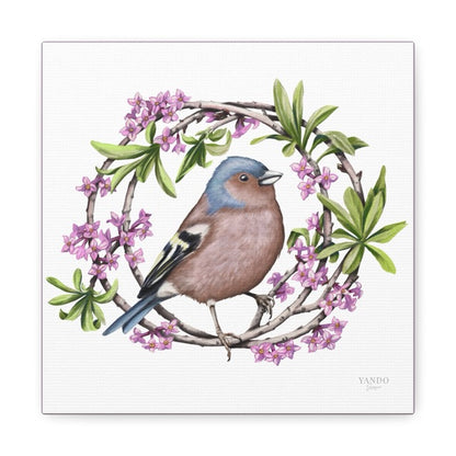 Leinwand mit detailliertem Naturmotiv eines Buchfinks, der auf einem Zweig mit rosa Seidelbastblüten sitzt, weißer. - Leinwanddruck - Buchfink und Seidelbast - YANDO Designs