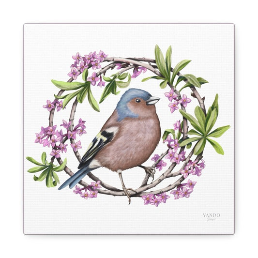 Leinwand mit detailliertem Naturmotiv eines Buchfinks, der auf einem Zweig mit rosa Seidelbastblüten sitzt, weißer. - Leinwanddruck - Buchfink und Seidelbast - YANDO Designs