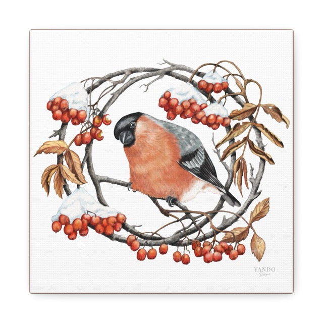 Leinwand mit detailliertem Naturmotiv, roter Gimpel sitzt auf Zweig mit Eberesche, orange und braune Beeren, weißer. - Leinwanddruck - Gimpel und Eberesche - YANDO Designs