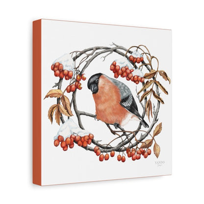 Leinwand mit detailliertem Naturmotiv eines Gimpels auf einem Ast der Eberesche, rote Beeren und braune Blätter sichtbar,. - Leinwanddruck - Gimpel und Eberesche - YANDO Designs