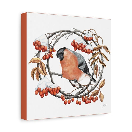Leinwand mit detailliertem Naturmotiv eines Gimpels auf einem Ast der Eberesche, rote Beeren und braune Blätter sichtbar,. - Leinwanddruck - Gimpel und Eberesche - YANDO Designs