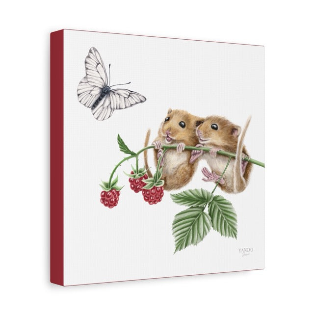 Detaillierter Leinwanddruck mit zwei Haselmäusen an Himbeerzweig und einem Schmetterling auf weißem Hintergrund, Naturmotiv. - Leinwanddruck - Haselmäuse und Himbeere - YANDO Designs