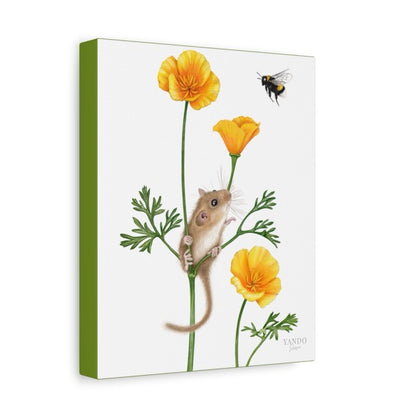 Leinwand mit detailliertem Naturmotiv einer Haselmaus an orange-goldenem Mohn, auf weißem Hintergrund. - Leinwanddruck - Haselmaus und Goldmohn - YANDO Designs