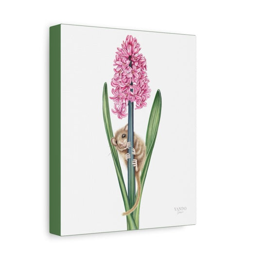 Leinwanddruck mit detailliertem Naturmotiv einer Haselmaus, die an einer pinken Hyazinthe hängt, grüner Leinwandrand sichtbar. - Leinwanddruck - Haselmaus und Hyazinthe - YANDO Designs