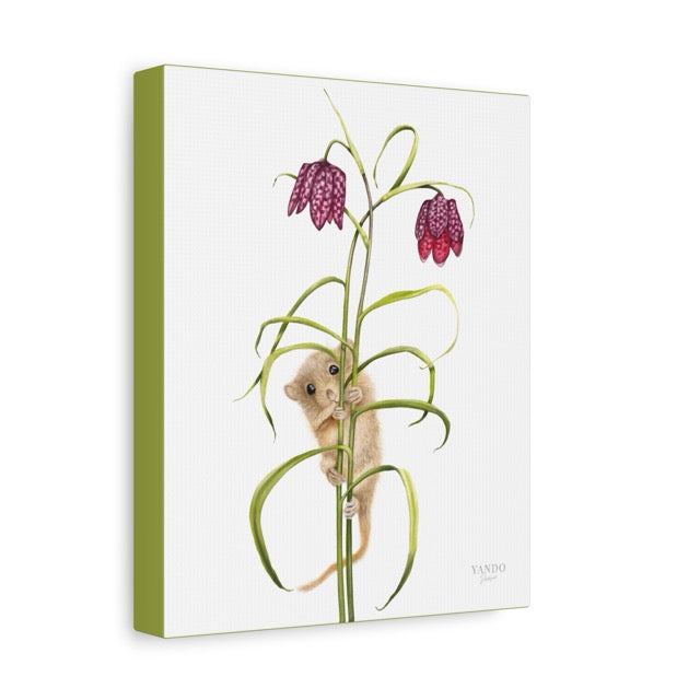 Leinwand mit detailliertem Naturmotiv einer Haselmaus, die an einem grünen Stängel mit zwei violetten Schachbrettblumen. - Leinwanddruck - Haselmaus und Schachbrettblume - YANDO Designs