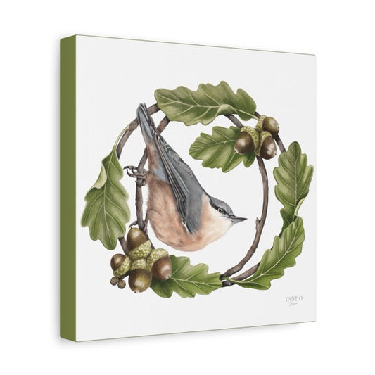 Detaillierte Leinwand mit Naturmotiv eines Kleibers, der an einem Zweig der Traubeneiche mit grünen Blättern und braunen. - Leinwanddruck - Kleiber und Traubeneiche - YANDO Designs