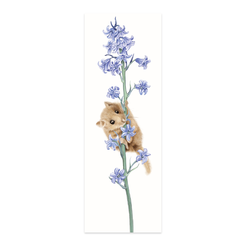 Haselmaus und Hasenglöckchen Lesezeichen – Naturmotiv auf Naturpapier, 5 × 15 cm